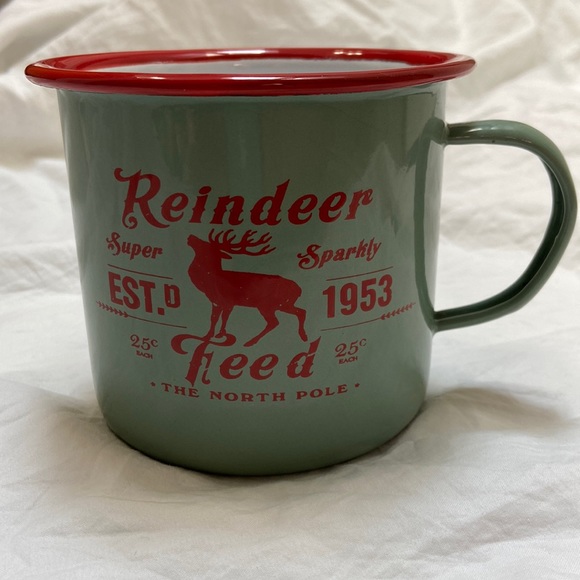 Creative co-op Reindeer Feed, The North Pole green and red holiday metal mug. - Picture 2 of 9